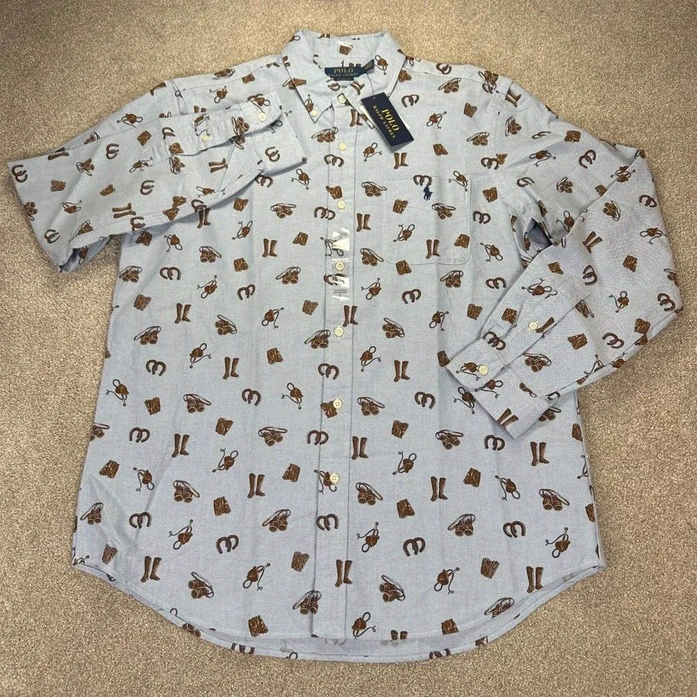 Polo Ralph Lauren Men Classic‎ Button Down Shirt Large Light Blue Western Print